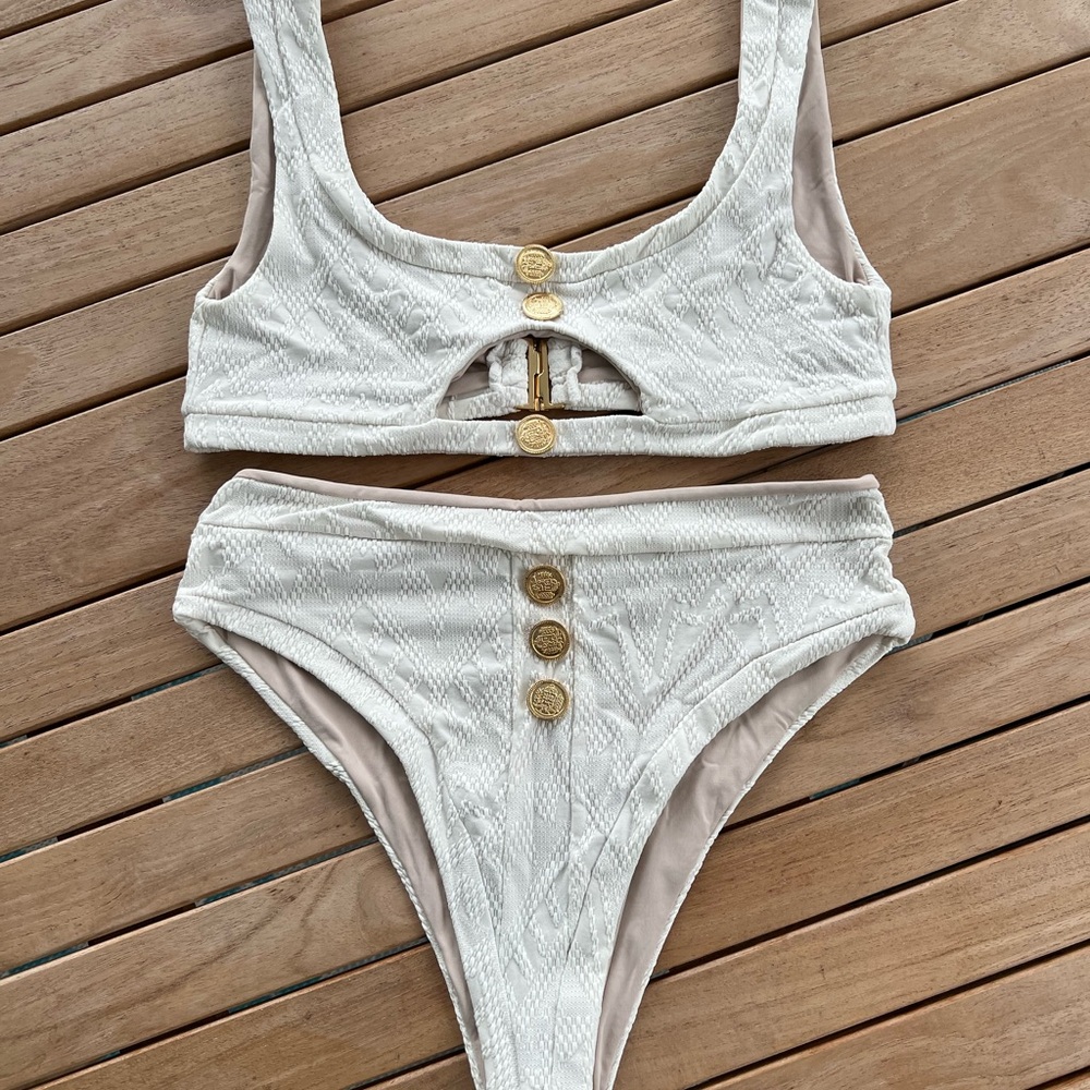 Elegant Cream Textured Bikini with Gold Buttons